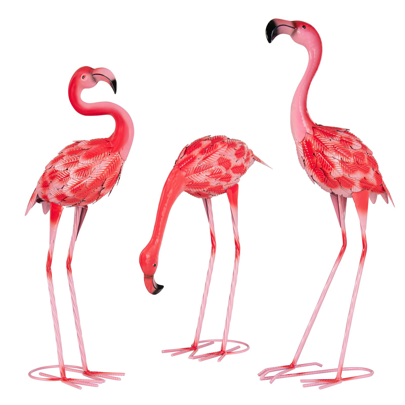 XONOR 3Pcs Flamingo Garden Statues Metal Flamingo Yard Art Outdoor Statues Sculptures for Home Patio Lawn Backyard Décor(Pink&Red)