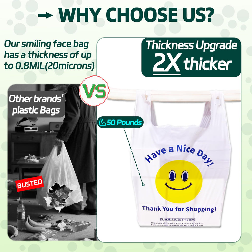 YovhVon 0.8Mil(20 Microns), 300 Count, Plastic Bags with Handles, T-Shirt bags, Thank You bags, Shopping Bag, Grocery Bag, |for Store, Carry, Pack|, White, 1/6 Barrel, Large 11"x6"x21", Heavy Duty