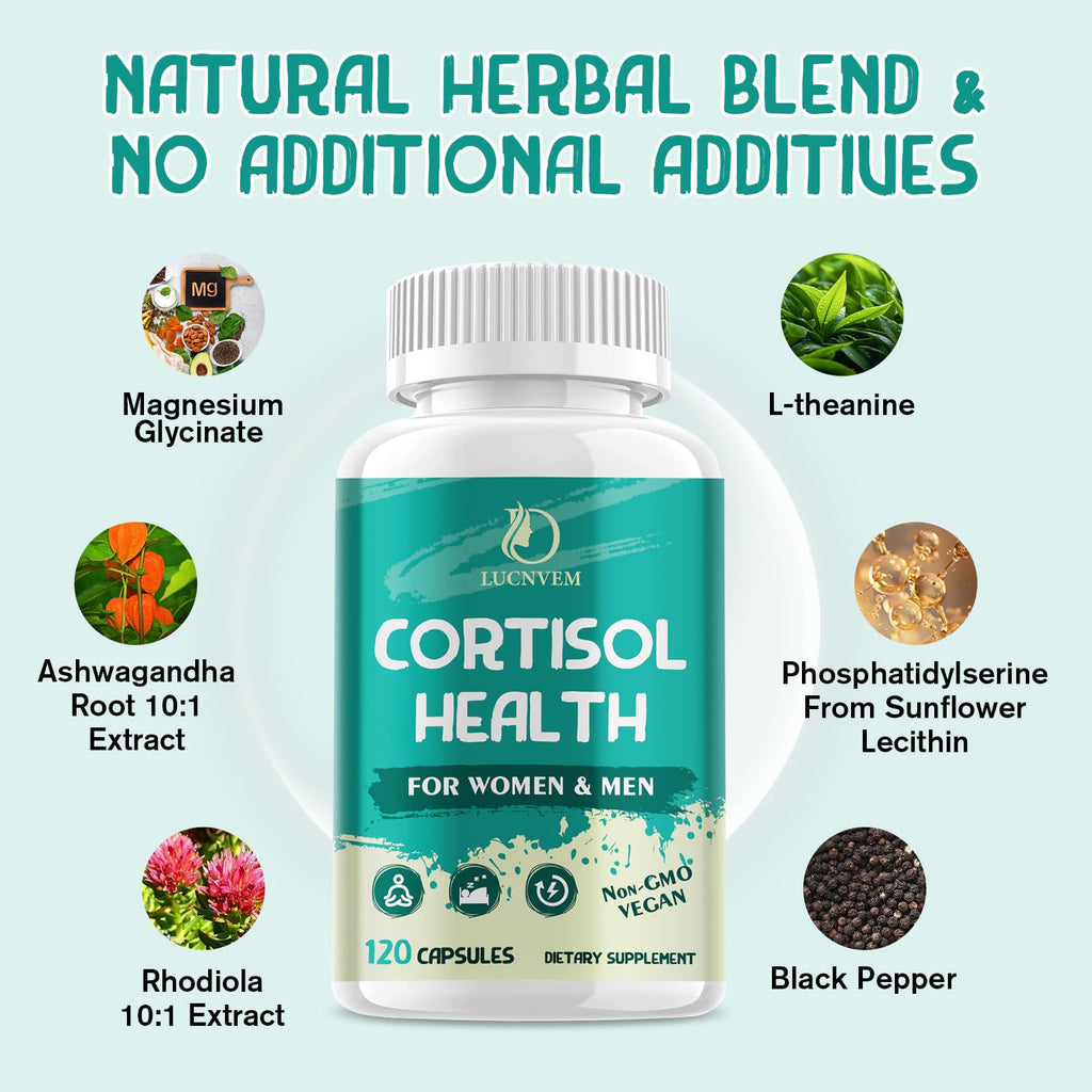 LUCNVEM Cortisol Supplement for Women & Men, Cortisol Reducer Detox Manager, Ashwagandha/Rhodiola Rosea/Magnesium and L-theanine Complex for Mood/Focus & Sleep- 60 Day Vegan Supply