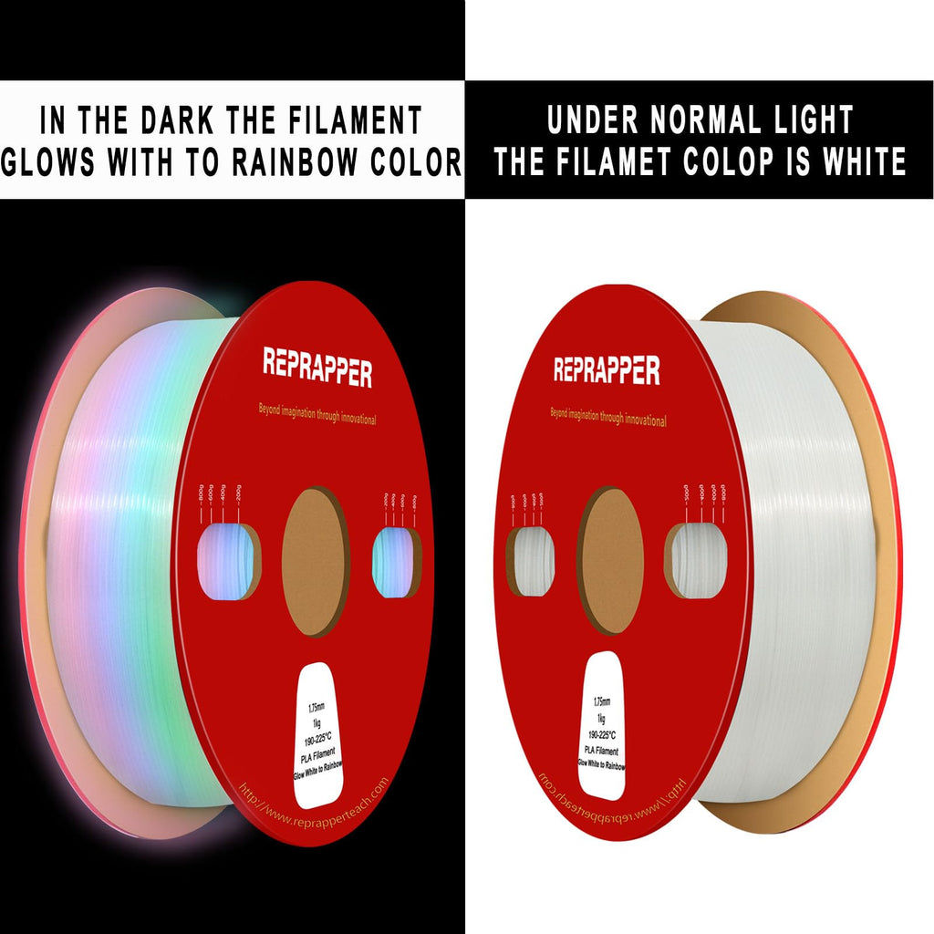 RepRapper Glow in the Dark White to Rainbow PLA Filament 1.75mm (+- 0.03mm) 2.2lb (1kg) for 3D Printer, White Material with Rainbow Multicolor Glow Effect