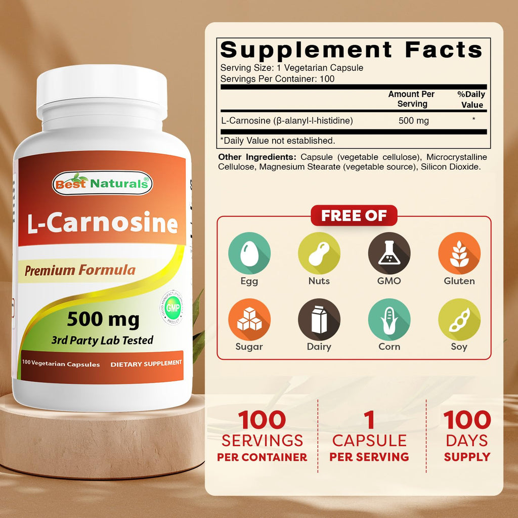 Best Naturals L-Carnosine 500 mg 100 Vcaps (100 Count (Pack of 2))