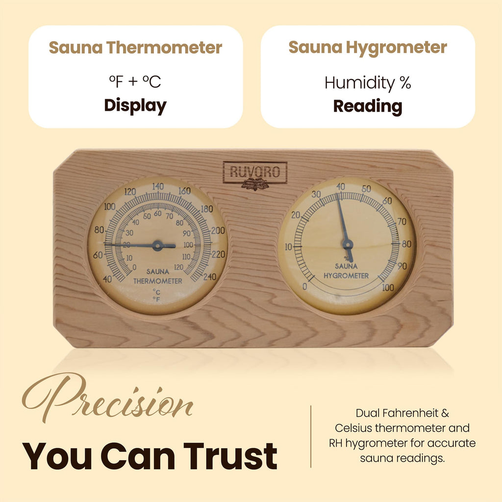RUVARO Sauna Thermometer and Hygrometer 2-in-1 – Handcrafted from Canadian Red Cedar Wood - Analog Temperature & Humidity Gauge – Fahrenheit & Celsius – Premium Glass Dial – Luxury Sauna Accessories