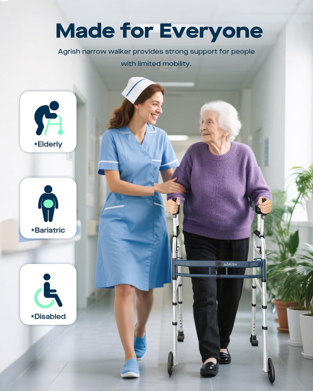 Narrow Walker Folding Upright Walker - with Removable Armrests, 450LBS Heavy Duty, Width & Height Adjustable Narrow Walkers for Seniors, Disabled, Bariatric