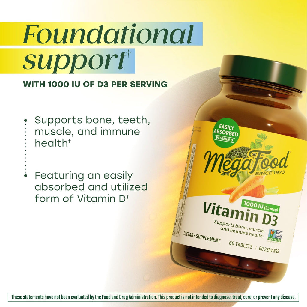 MegaFood Vitamin D3 1000 IU (25 mcg) - Vitamin D Supplements with Real Food, Immune Support, Supports Bones, Teeth & Muscles, Vegetarian, Gluten-Free, Non-GMO, Kosher – 60 Tablets, 60 Servings