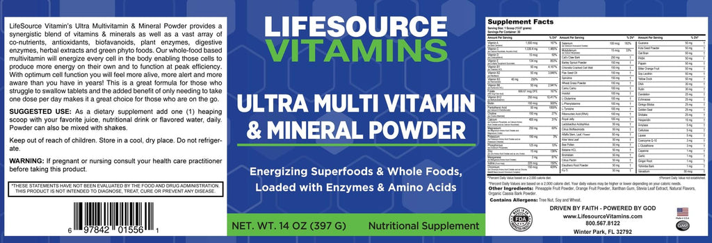 LifeSource Vitamins Ultra Multi Vitamin & Mineral Powder - Whole Food Based - 30 Day Supply