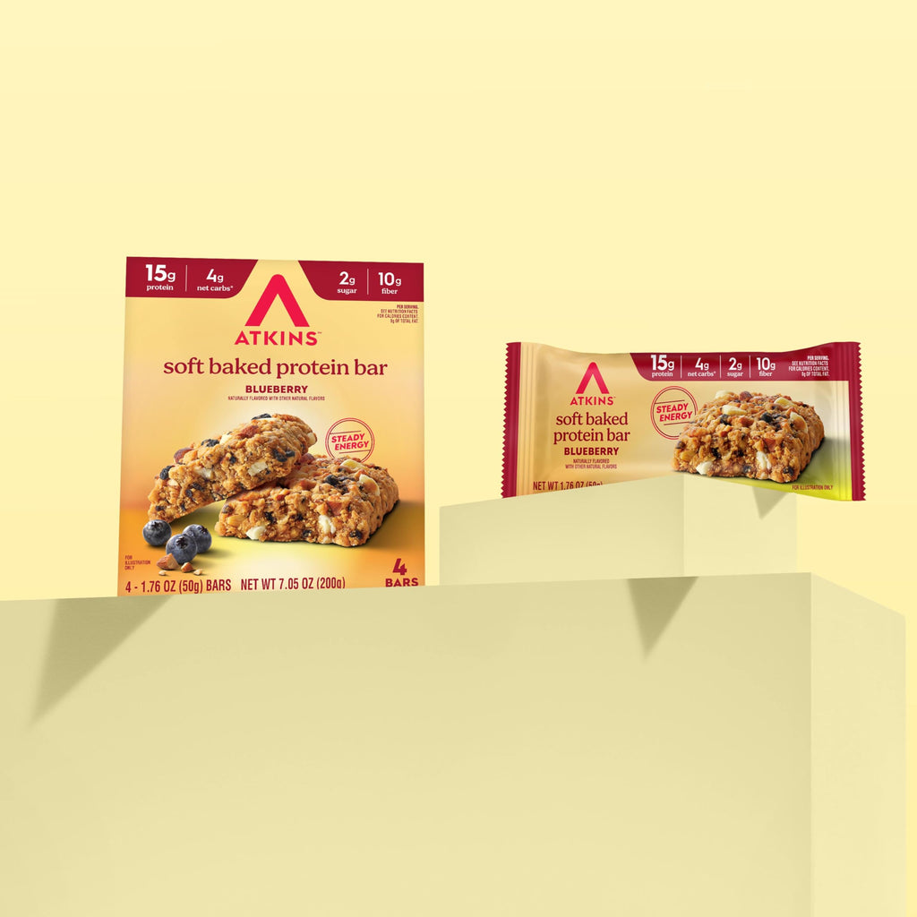 Atkins Soft Baked Protein Bars, Blueberry, 15g Protein, 4g Net Carbs, 2g Sugar, Excellent Source of Fiber, High in Protein, 6 Packs (4 Bars Each)
