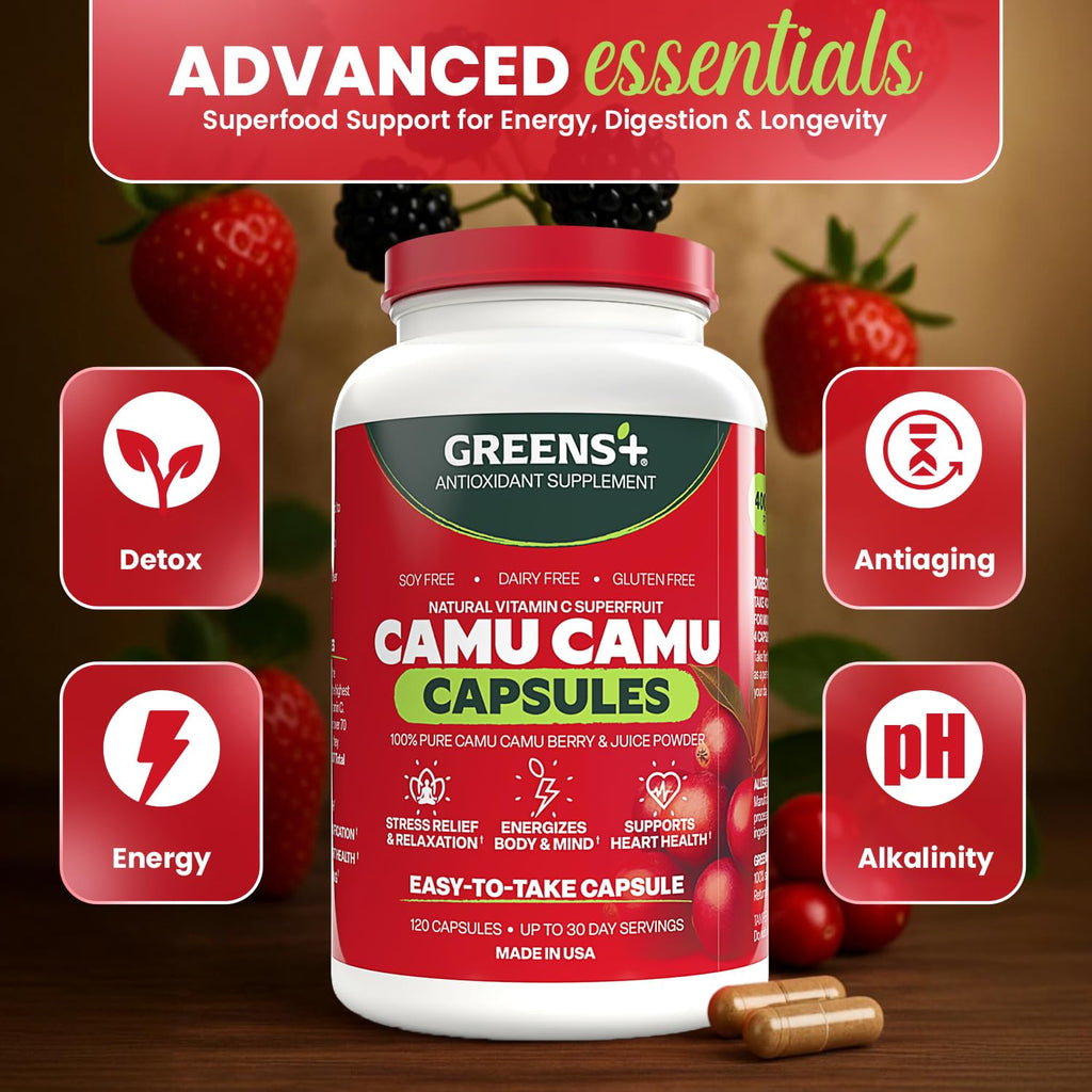 Greens+ SuperFruit Supplement, Amazon Camu Berry with Vitamins & Minerals, High ORAC Antioxidants, 400mg Natural Vitamin C, 120 Veggie Capsules