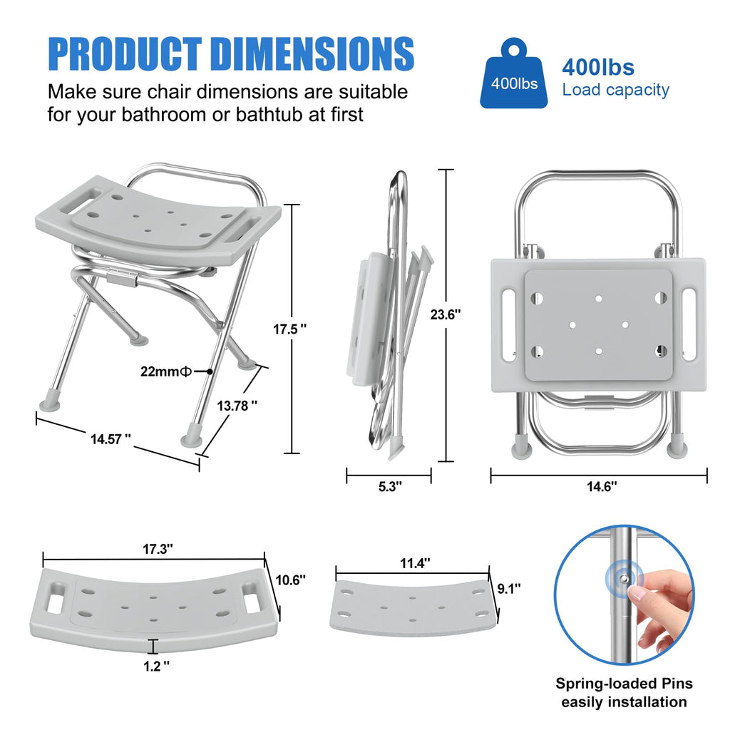 UGarden Folding Shower Chair Seat, 17.5" Stainless Steel Small Shower Chair for Inside Shower with Pad, 400lbs Portable Travel Shower Stool, Safety Anti-Slip Bath Chair for Seniors, Disabled, Gray