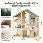 Tiny Land Wooden Dollhouse for Girls - 6 Rooms Wooden Doll House, DIY Pretend Doll House with 31Pcs Furniture Accessories, Creative Gift for Girl Ages 3+, Green