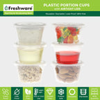 Freshware Plastic Portion Cups with Lids [4-Ounce, 100 Sets] - Souffle, Sampling, Sauce, Snack, Dressing, Jello Shot Cups, Plastic Containers, BPA Free