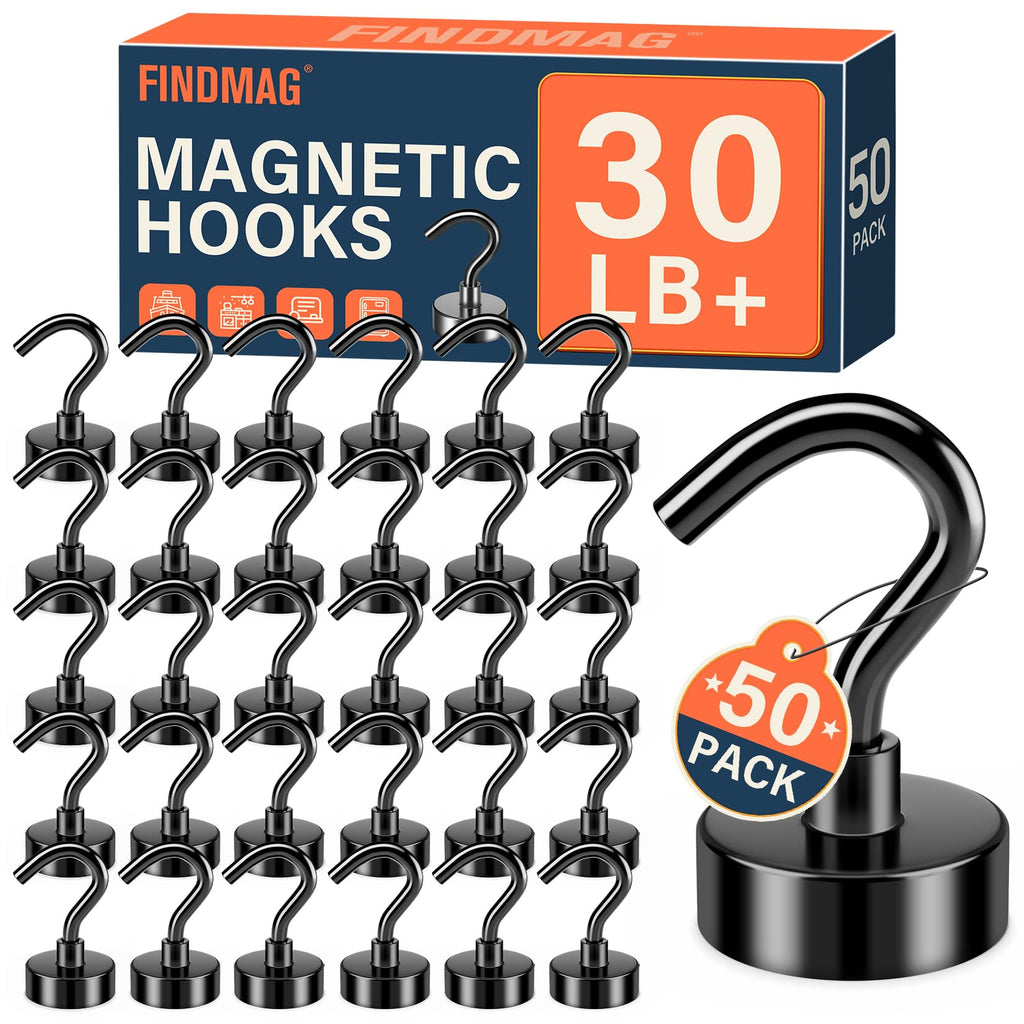 FINDMAG Black Magnetic Hooks 30 lbs Strong Neodymium Magnet Hooks for Hanging, Magnet with Hook for Cruise, Grill, Fridge, Pack of 50