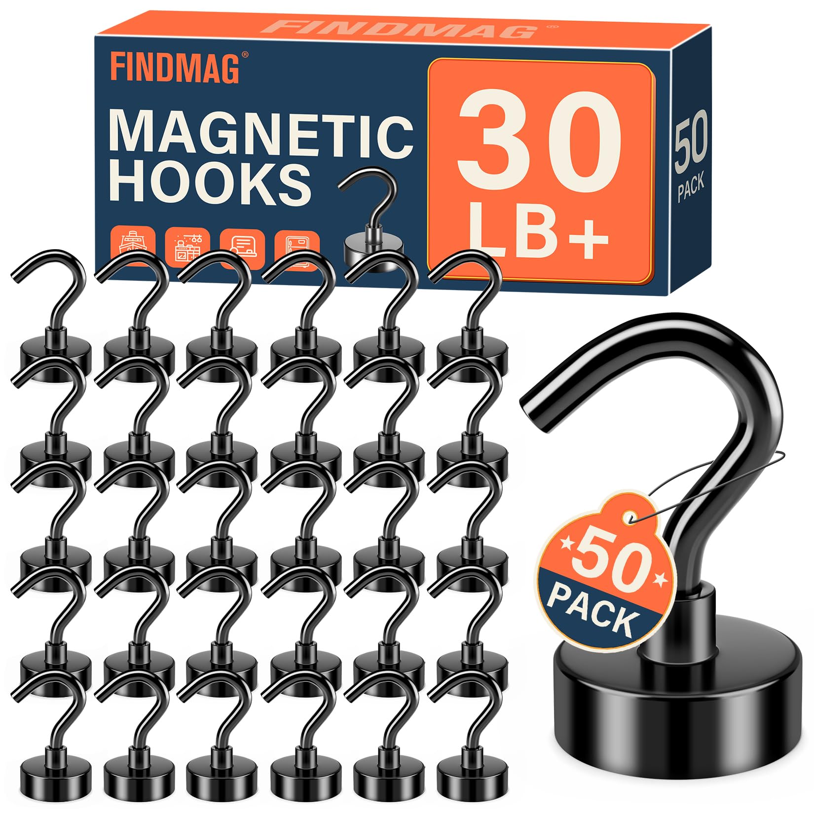 FINDMAG Black Magnetic Hooks 30 lbs Strong Neodymium Magnet Hooks for Hanging, Magnet with Hook for Cruise, Grill, Fridge, Pack of 50