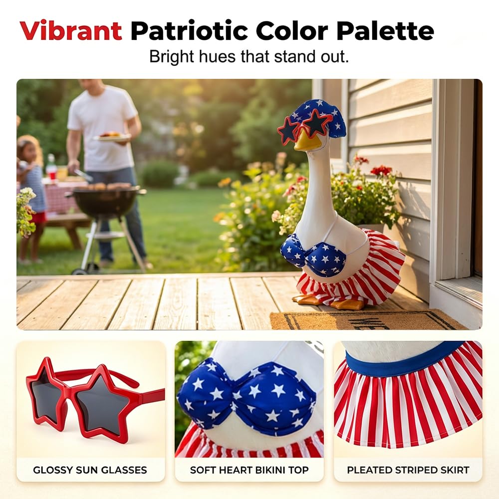 TAQIYEZ Hawaiian Porch Goose Outfit with Sunglasses & Wreath, 4th of July Patriotic Goose Bikini Outfits for Lawn Patio Outdoor Decor