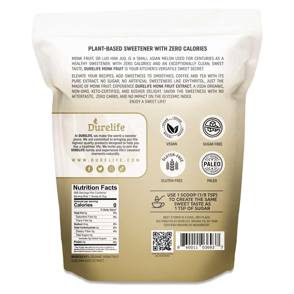 Durelife Organic 100% Pure Monk Fruit sweetener, No Erythritol, Monkfruit Extract Powder, USDA organic NON-GMO Project Verified, Keto Certified OU kosher No Fillers Zero Calorie Sugar Substitute 10 OZ