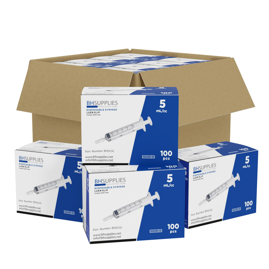 Bulk Case: BH Supplies 5mL Sterile Luer Slip Syringe with Covers - Individually Wrapped (1600 Syringes, 16 Boxes, 100 Units)