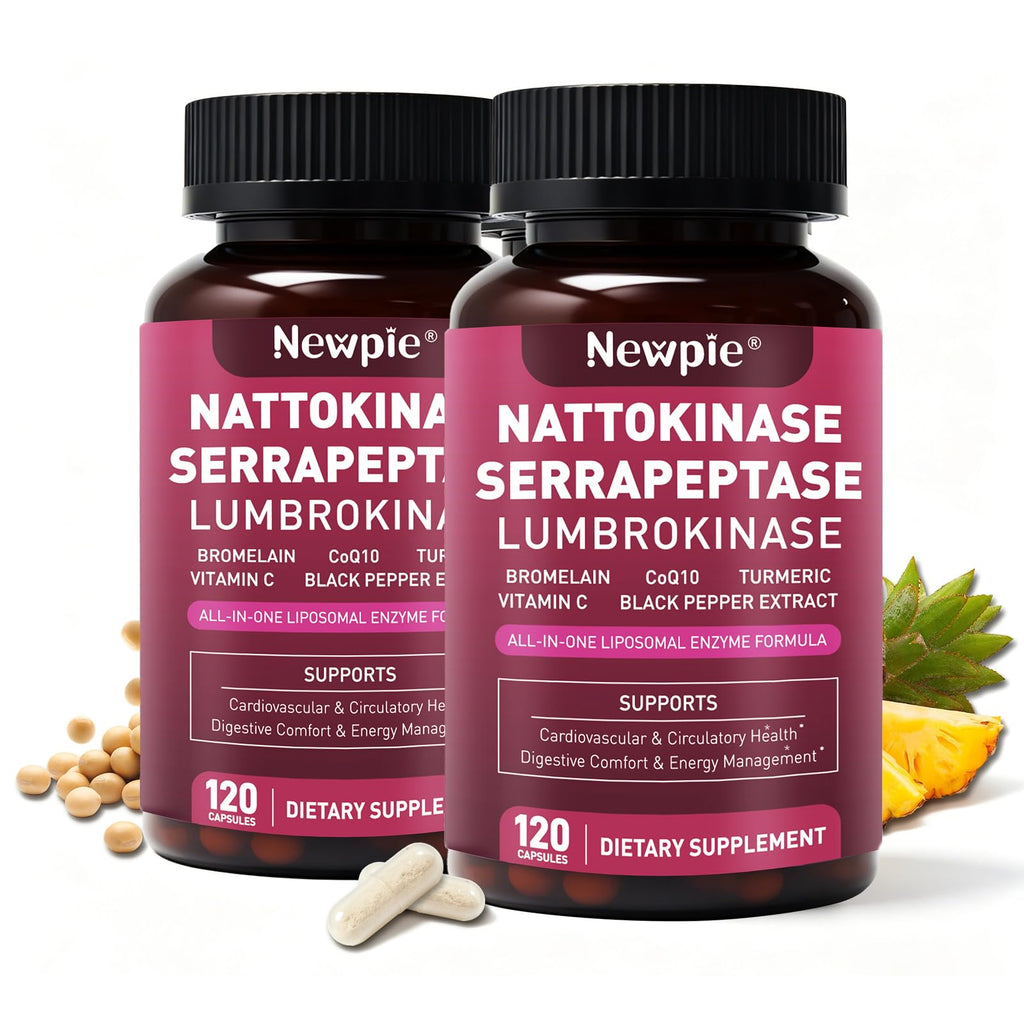 Nattokinase Supplement 12,000 FU - Systemic Enzymes Complex with Serrapeptase, Lumbrokinase & CoQ10 - Supports Cardiovascular Health, Blood Flow & Circulation - 120 Non-GMO Vegetarian Capsules