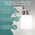 Ascher Bathroom Light Fixtures, 2-Light Vanity Light Over Mirror, Brushed Nickel Wall Sconces with Milky White Frosted Glass Shades, Wall Lamp for Living Room Bedroom, E26 Base(Bulbs Not Included)