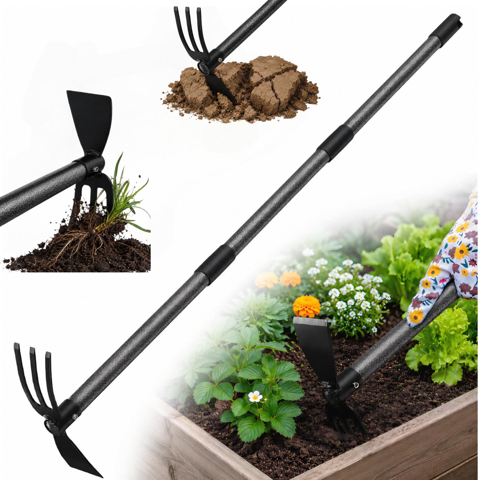 Garden Hoe with 3-Tine Cultivator Rake, 2-In-1 Carbon Steel Sharp Weeding Tool with 60 " Long Handle For Weed Removal, Soil Loosening, Planting,Cultivating In Raised Flower Beds,Vegetable Gardens