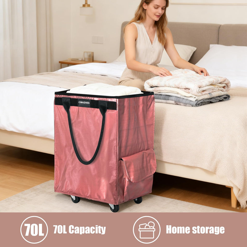 CIMAZHEN (Medium,Pink) Reusable Grocery Bag on 4 Wheels, 70L Foldable Rolling Tote Bag with 3 Handles and Zipper, Rolling Shopping Cart for Groceries, Storage, Laundry, Travel, Organizer, 76lb