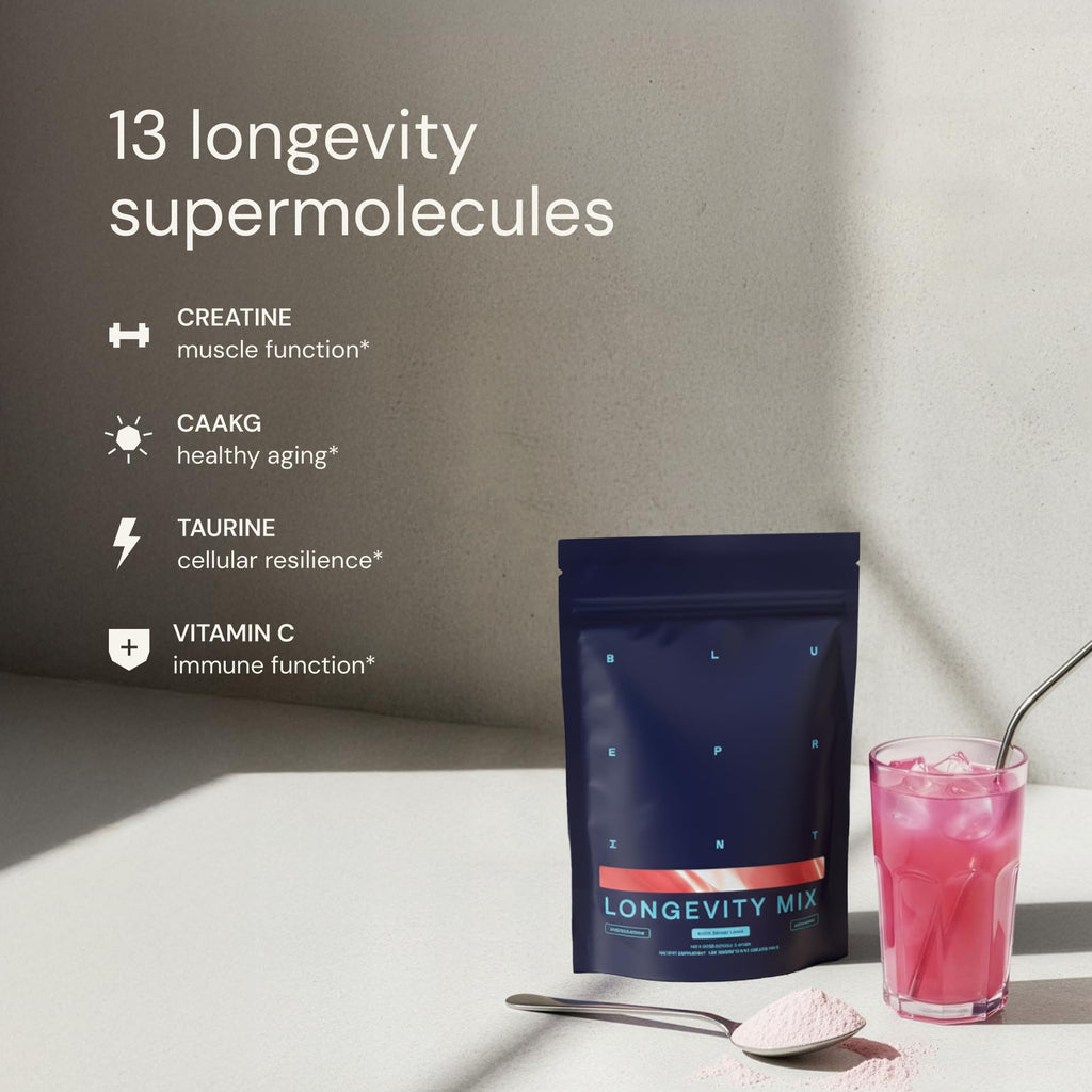 Blueprint Bryan Johnson Longevity Mix - Muscle Builder & Recovery Supplement - Promotes Focus and Balanced Mood - Magnesium, Creatine, L-Theanine, Glutathione & Vitamin C- 30 Servings, Blood Orange