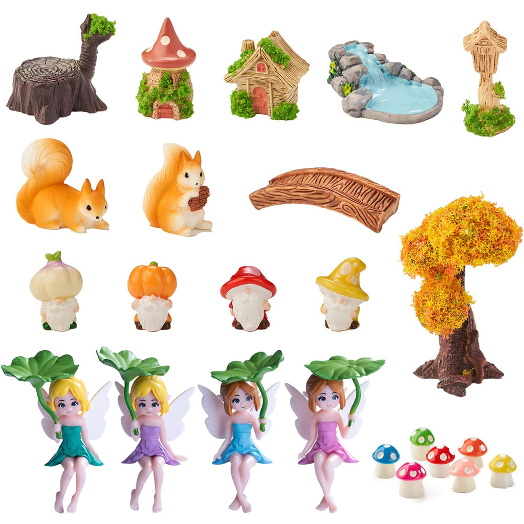 Nashibowu 24Pcs Mini Fairy Garden Accessories DIY Kit - Miniature Gnomes & Tiny Fairies House Set, Resin Animals, Bridge, Mini Pond & Mushrooms Figurines for Terrarium Micro-Landscaping
