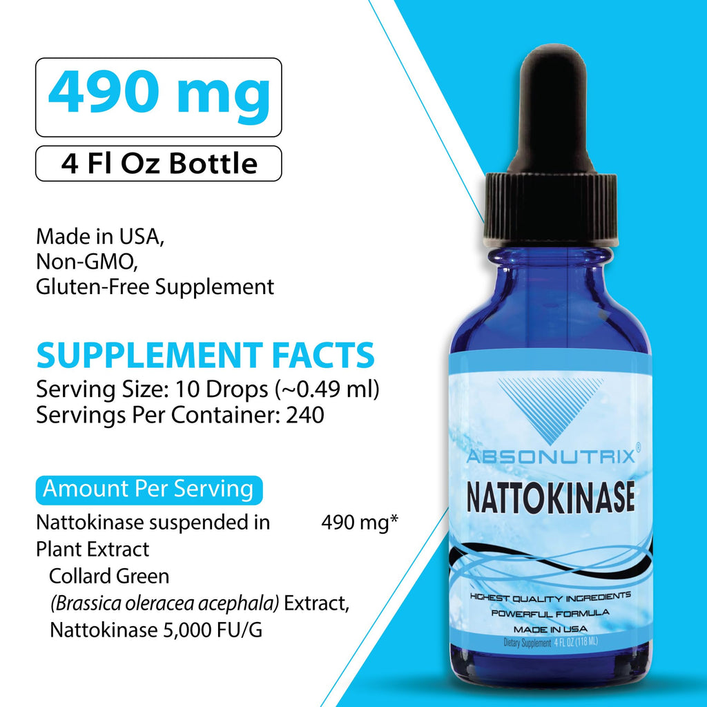 Absonutrix Nattokinase Supplement 490 mg, 4 Oz Liquid, 240 Servings-5000 Fu, Made in USA, Quick Absorption, Quality Potent Ingredients, Non-GMO, GMP Certified Facility, Cruelty-Free Products