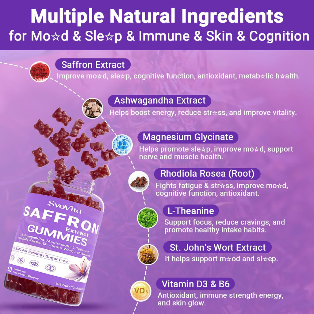 Svovita Saffron Gummies Supplements with 88.5 mg Saffron Extract, Magnesium Glycinate, L-Theanine, Ashwagandha, Rhodiola Rosea, St. John’s Wort - Sugar Free 120 Count