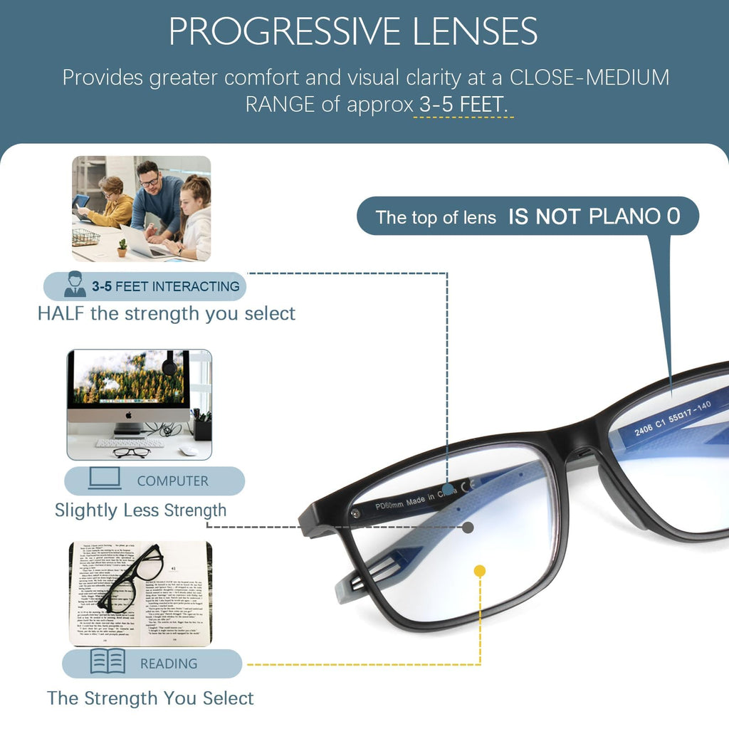 Missfive 2 Pack Upgraded Unbreakable Multifocus Progressive Reading Glasses Men Women, TR90 Sports Style Anti UV/Eyestrain/Blue, Light Multifocal Readers Spring Hinge Near-Workspace Eyewear 1.5x