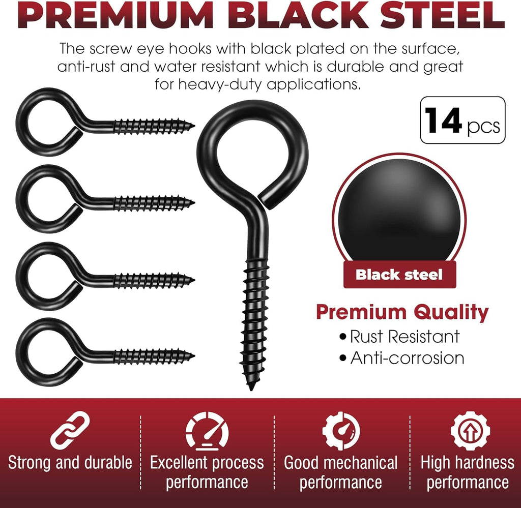 14PCS Black Screw Eyes - 3.2 Inch Heavy Duty Eye Bolts, Cable & Wire Securer - Hammock Stand, Indoor & Outdoor Use