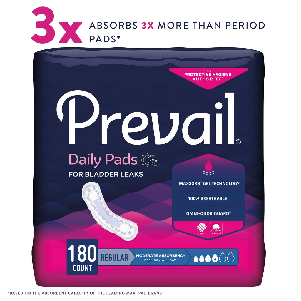 Prevail Incontinence Bladder Control Pads for Women, Moderate Absorbency, Regular Length, 180 Count (packaging may vary)