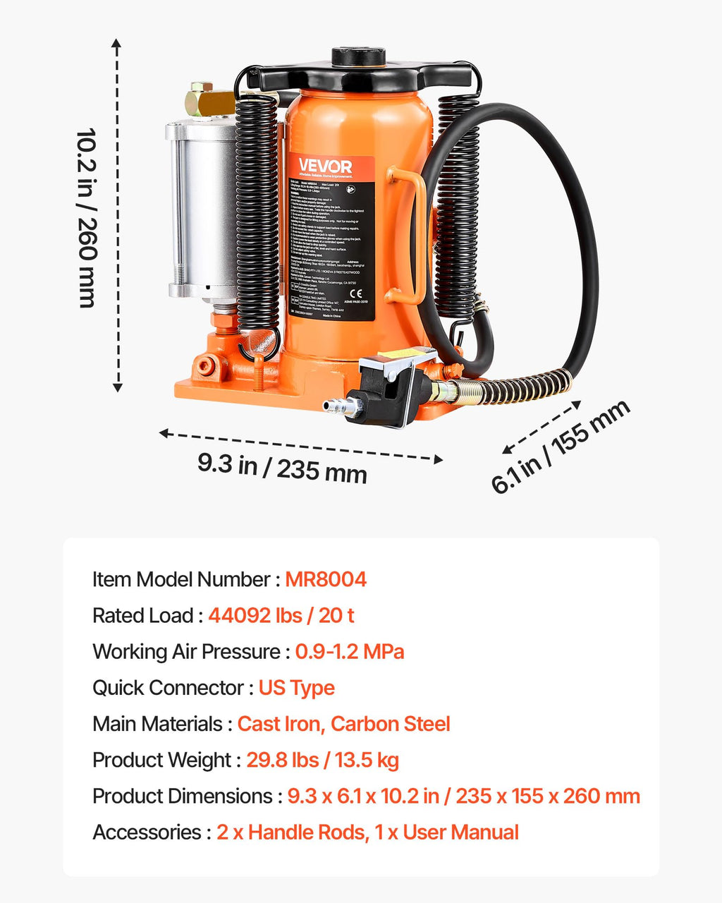 VEVOR Air Hydraulic Bottle Jack, 20 Ton/40000 LBS All Welded Bottle Jack, 10.4-19.7 inch Lifting Range, Manual Handle and Air Pump, for Car, Pickup, Truck, RV, Auto Repair, Industrial Engineering