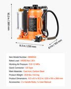 VEVOR Air Hydraulic Bottle Jack, 20 Ton/40000 LBS All Welded Bottle Jack, 10.4-19.7 inch Lifting Range, Manual Handle and Air Pump, for Car, Pickup, Truck, RV, Auto Repair, Industrial Engineering
