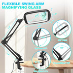 10X 30X Extra Large Magnifying Glass with Light and Clamp, Rectangle Hands Free Magnifier with 5 Color Modes, Adjustable LED Lighted Magnifying Desk Lamp for Reading Close Work Craft Painting (Black)