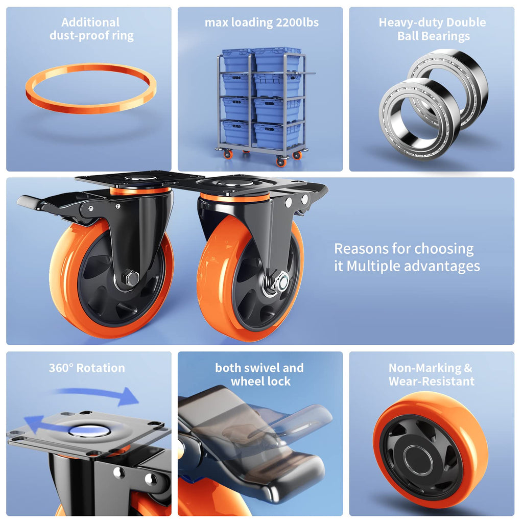 Casters Set of 4 Heavy Duty,5 Inch Caster Wheels with Brakes, Swivel Top Plate Casters No Noise Locking Castor with Polyurethane Wheels for Cart, Furniture,Workbench,Cabinet(Two Hardware Kits Include)