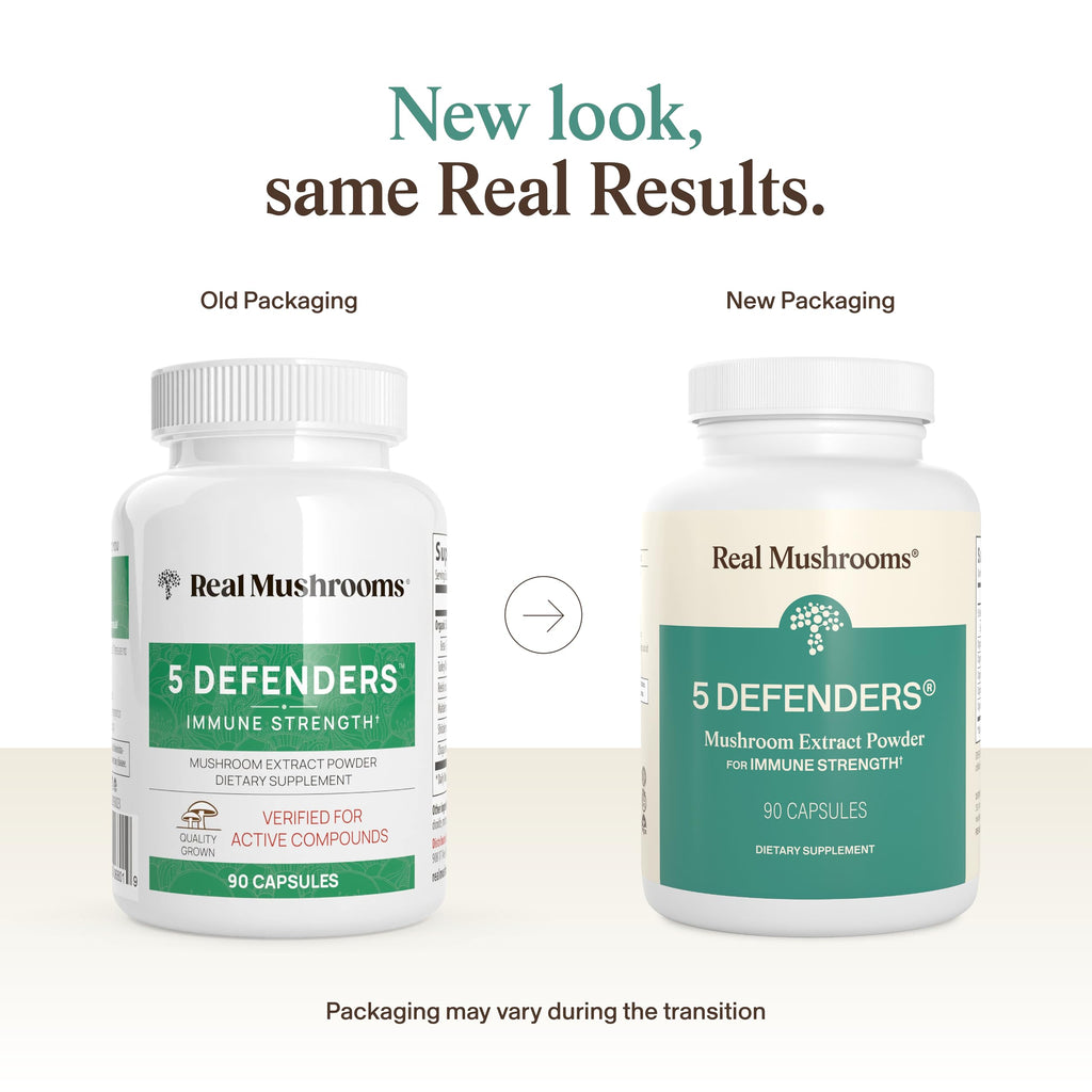 Real Mushrooms 5 Defenders - Adaptogenic Mushrooms Complex with Chaga, Reishi, Turkey Tail, Maitake & Shiitake for Wellness Support - Mushroom Beta Glucan Capsules - 90 Count (Pack of 2)