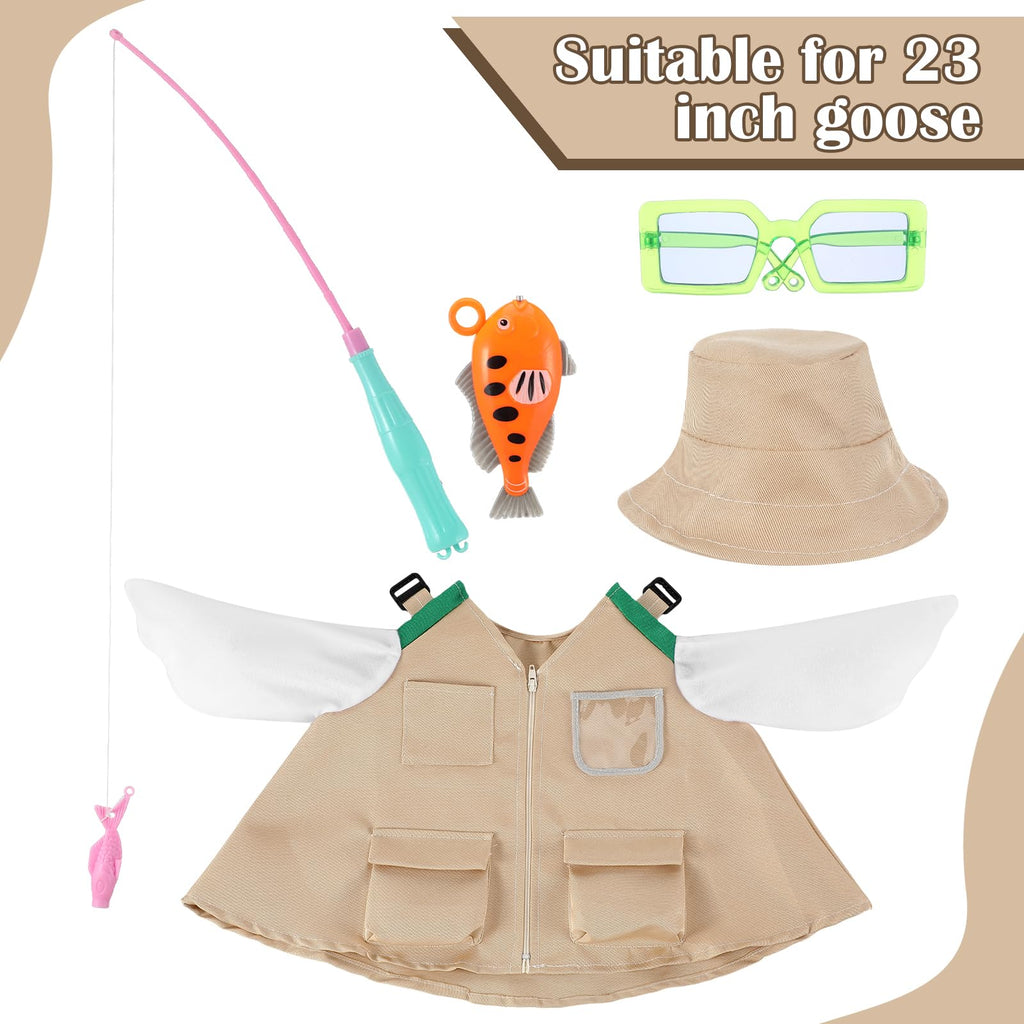 VioraWhite Fishing Goose Outfit Set Cute Lawn Porch Goose Costume Clothes for 23'' Cement Duck Outdoor Garden Yard Patio Camping Fishing Party Decoration