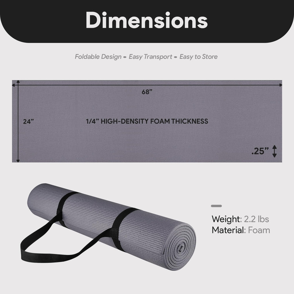 Fitvids 1/4-Inch High Density Thick Non Slip Yoga Mat with Knee Pad and Carrying Strap for Workout, Pilates, Gym Home Exercise, Grey