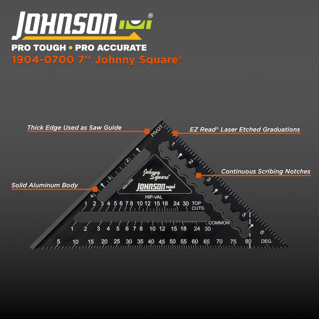 Johnson Level & Tool 1904-0700 Johnny Square Professional Easy-Read Aluminum Rafter Square, 7", Black, 1 Square