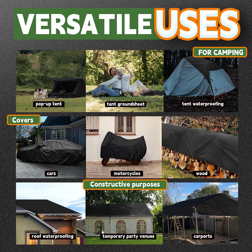 RAINDEWAY Extra Large Tarp 60x60, 8 Mil Thick, Black Tarps Heavy Duty Waterproof, UV Resistant, Cover with Metal Grommets and Reinforced Edges, Finished Size