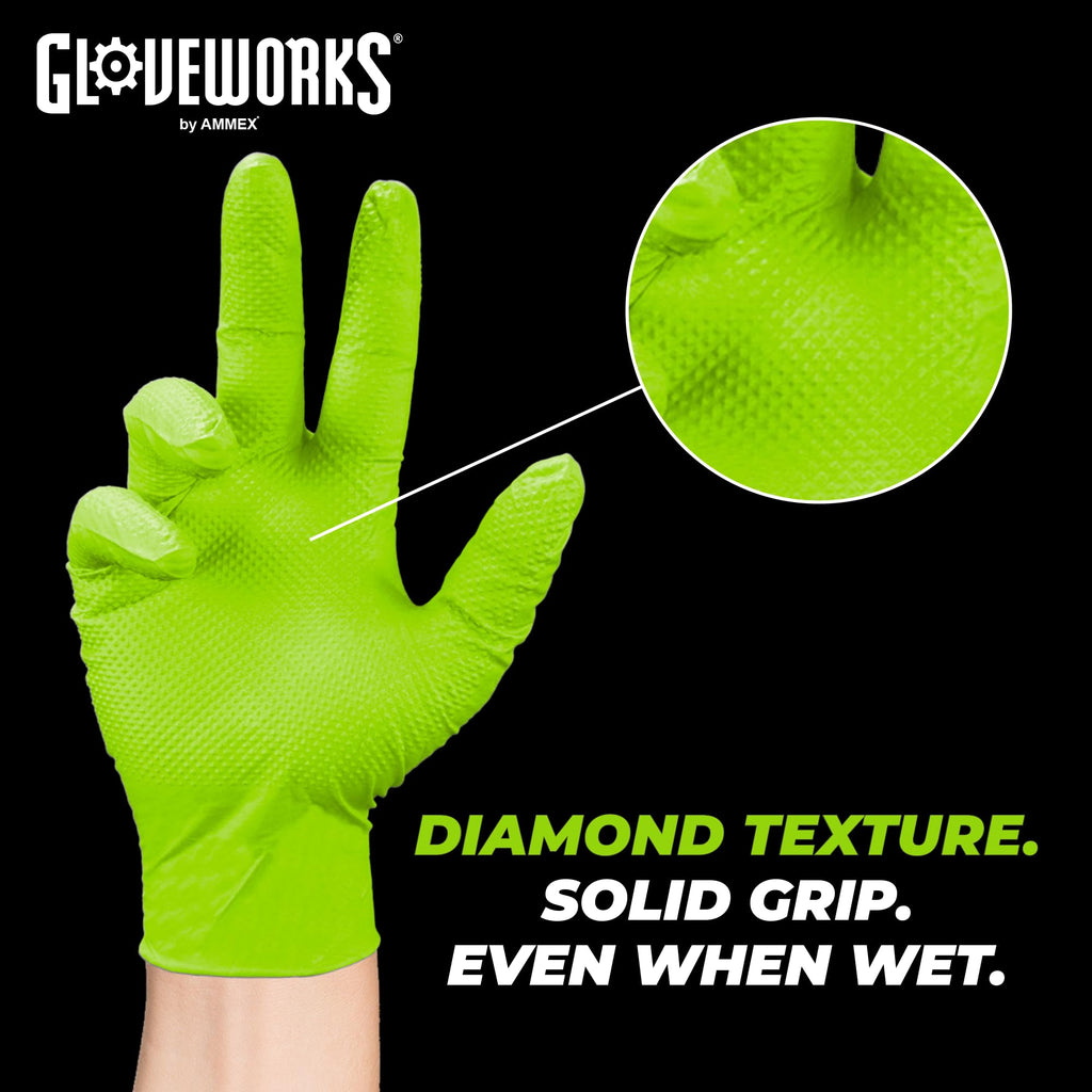 GLOVEWORKS HD Green Nitrile Industrial Disposable Gloves, 8 Mil, Latex-Free, Raised Diamond Texture, Medium, Case of 1000