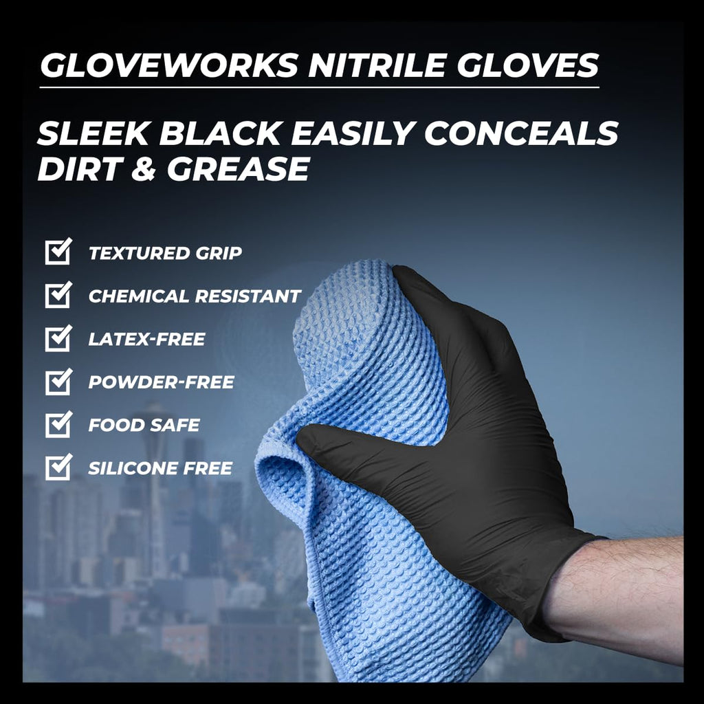 GLOVEWORKS Black Nitrile Gloves 5 Mil Disposable for Food Service, Cooking, Professional Cleaning, Size XL, 3 Boxes of 100
