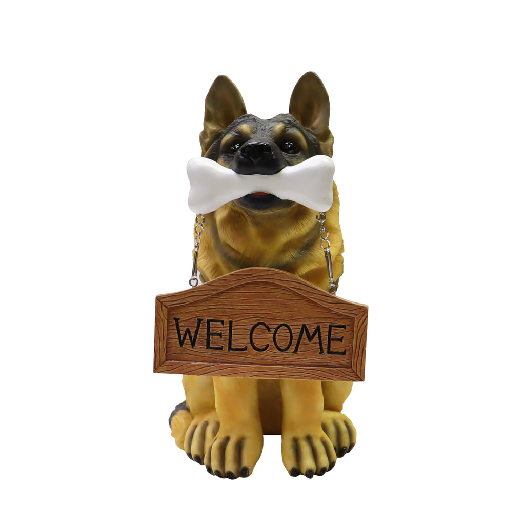 Nature's Mark German Sheperd Dog Puppy Statue with Reversible Welcome Sign and Go Away Sign Resin Garden Decor 12" H
