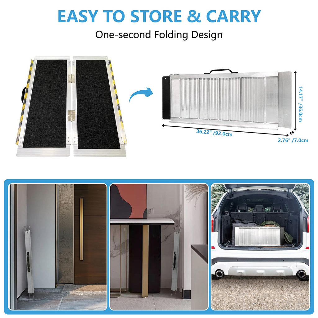 3FT Portable Wheelchair Ramp, Non-Slip Aluminum Folding Handicap Ramp, 800 LBS Capacity Door Threshold Ramps for Home Steps, Scooter Ramp for Car, Doorways, Curbs, Stairs, Cart, Wheel Chair Steps