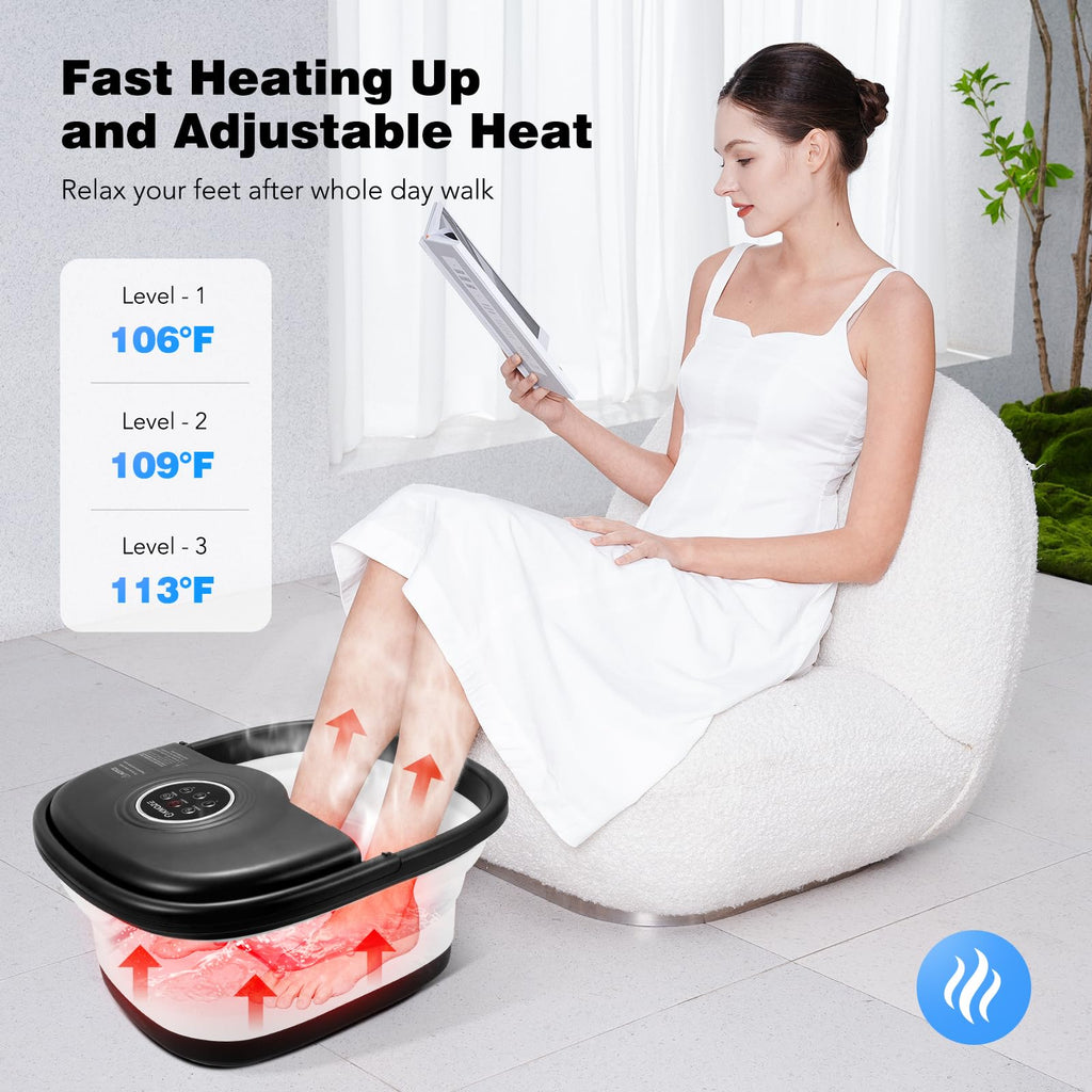 KNQZE Collapsible Foot Spa Bath with Heat & Remote Control, Bubble Massage, Temperature Control, Red Light (Black)