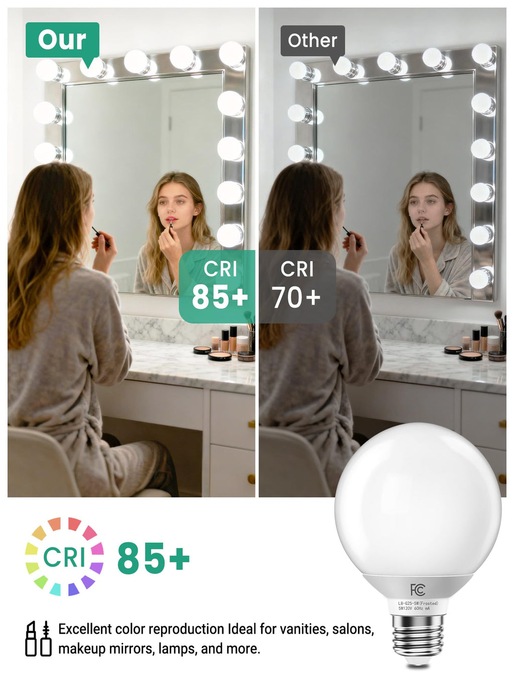 TJOY G25 LED Globe Light Bulbs, Vanity Light Bulb for Bathroom 40W Equivalent, 4000K Natural White E26 Base, Round Decorative Bulb for Vanity Makeup Mirror, CRI85+, 450LM, Non-Dimmable, UL, 4 Pack