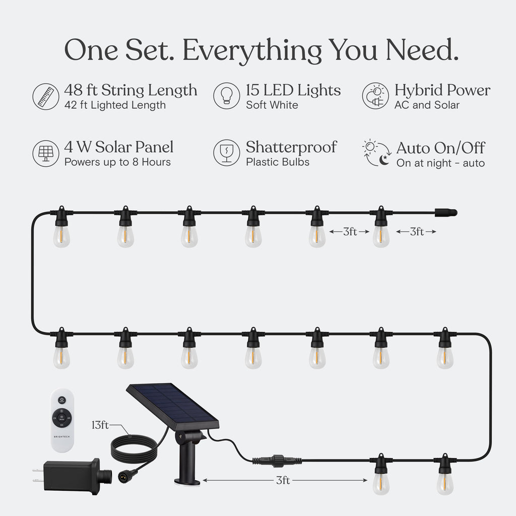 Brightech Ambience Hybrid Outdoor String Lights - Dual Plug and Solar Powered Waterproof LED Light String for Outside - Dimmable Soft White Edison Bulbs for Camping, Patio, Cafe, Yard - 48ft, 4W