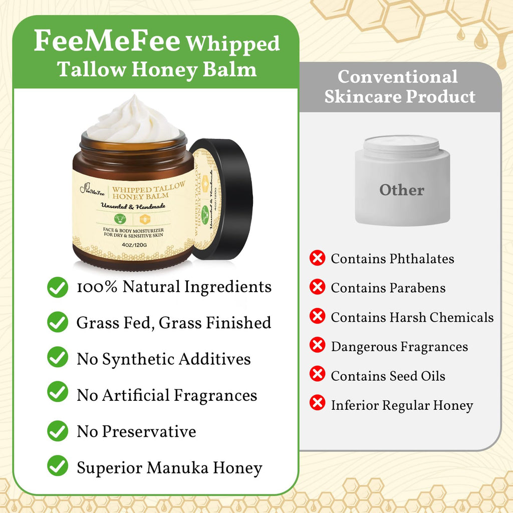 Beef Tallow for Skin 4oz | Tallow And Manuka Honey Balm | Unscented Tallow Face Moisturizer | Beef Tallow for Face | Organic Grass Fed Beef Tallow Balm | Whipped Beef Tallow Lotion Face Cream