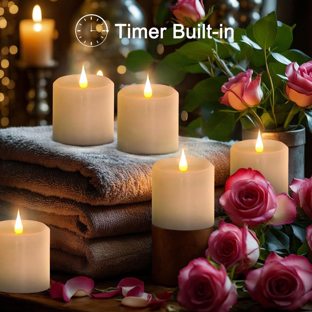 Tediselu Flickering Flameless Candles with 3D Moving Flame, Real Wax Battery Operated Candles with Timer and Remote, Last 600+ Hours, 3" x 3" LED Fake Candles for Home Wedding Christmas Decor, 2 Pack