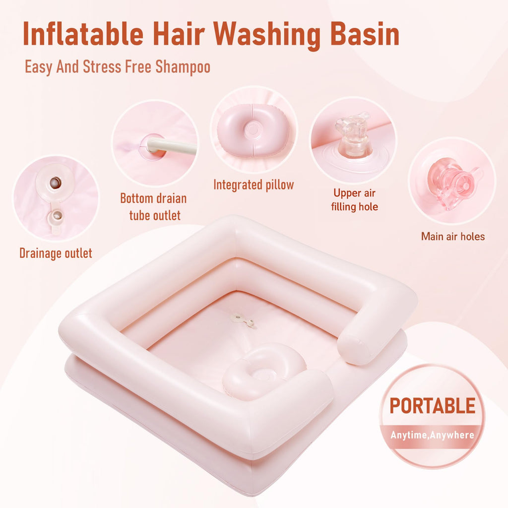 Inflatable Bedside Shampoo Set with Water Bag and Waterproof Shawl. Wash Hair in Bed for Children, the Elderly, Pregnant Women, Post-surgery or Bedridden Patients. Water Bag Capacity 2.1 Gallons (8L)