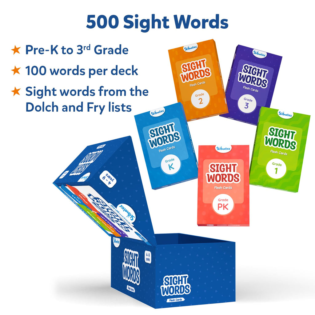Skillmatics Flash Cards - 500 Sight Words for Preschool (Pre-K), Kindergarten, 1st, 2nd, 3rd Grade Gifts, Includes The Dolch & Fry Word List & 6 Unique Games